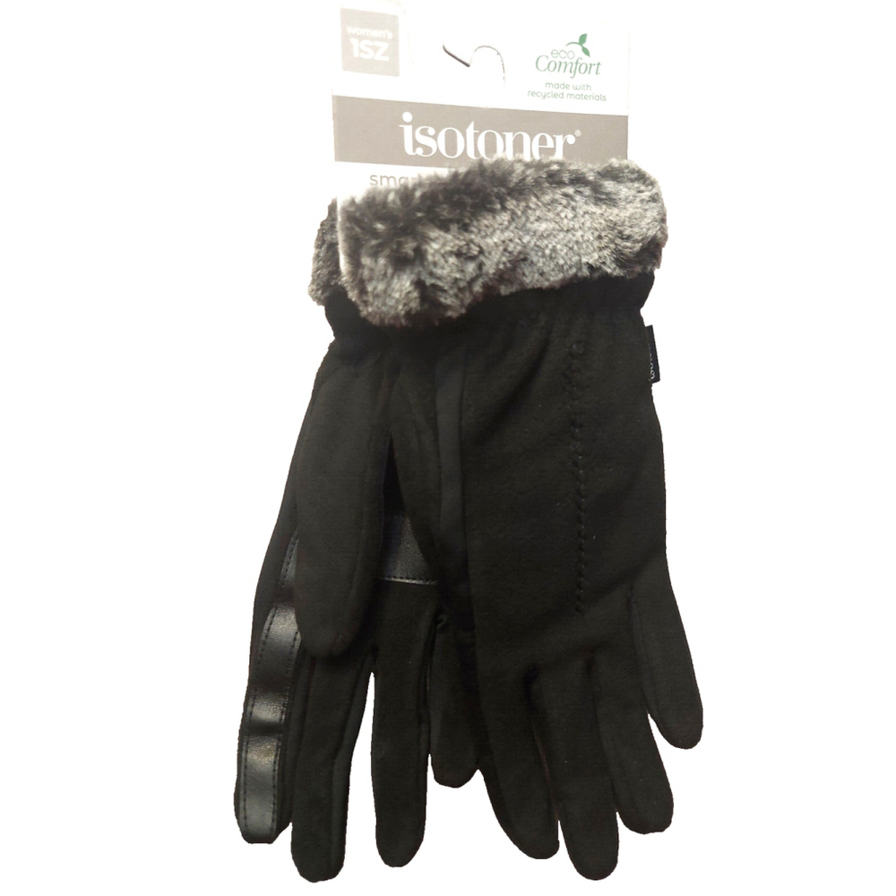 Isotoner Signature Black Fleece Gloves Faux-Fur Cuffs Sz One Size NWT